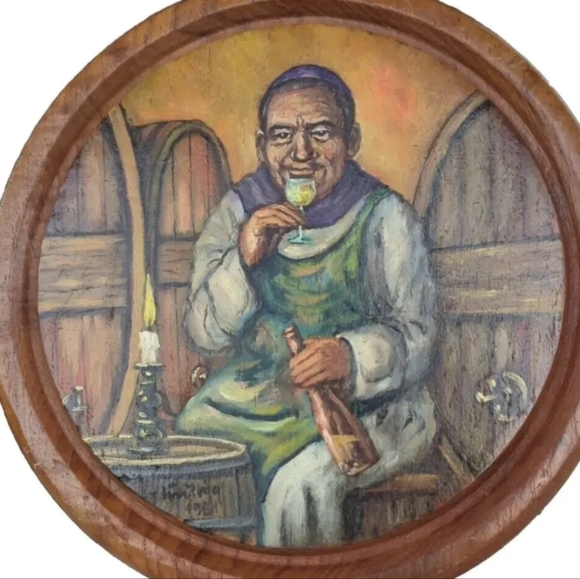 HAND CARVED Having Wine WOOD 3D WALL PLAQUE 10" BY Q-GERMANY STORY ON BACK 1984 - Picture 4 of 8